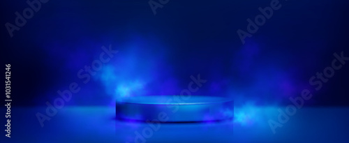 Cylinder product podium with smoke clouds and neon glow effect in dark blue studio room interior. Realistic 3d vector night sky goods display pedestal with steam. Dreamy round platform with fog.