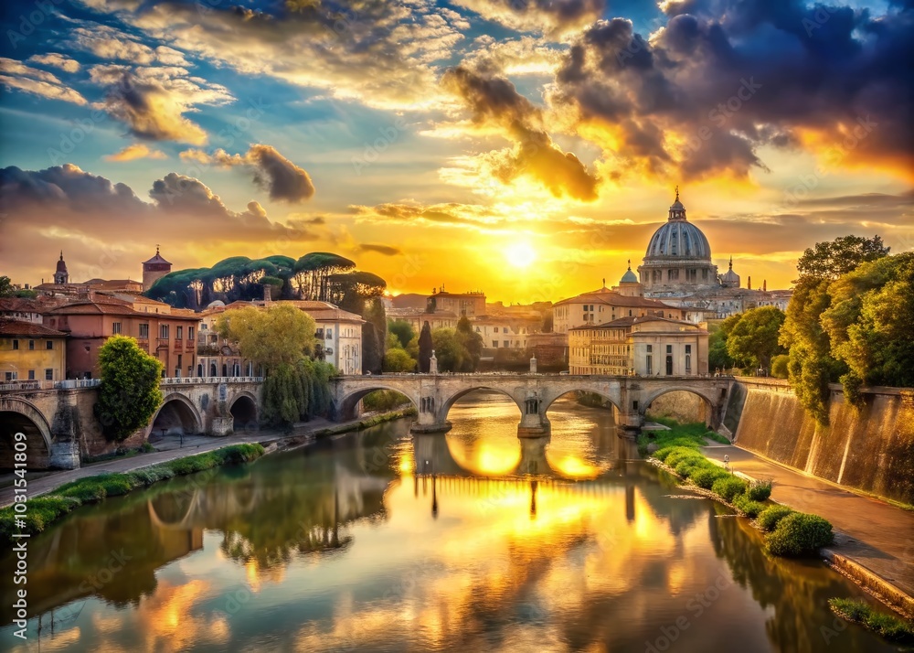 Naklejka premium Panoramic Sunset View of Ancient Rome - Double Exposure Landscape Photography of Historic City and River