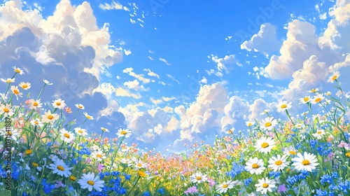 Bright Flower Field Under Blue Sky with Clouds
