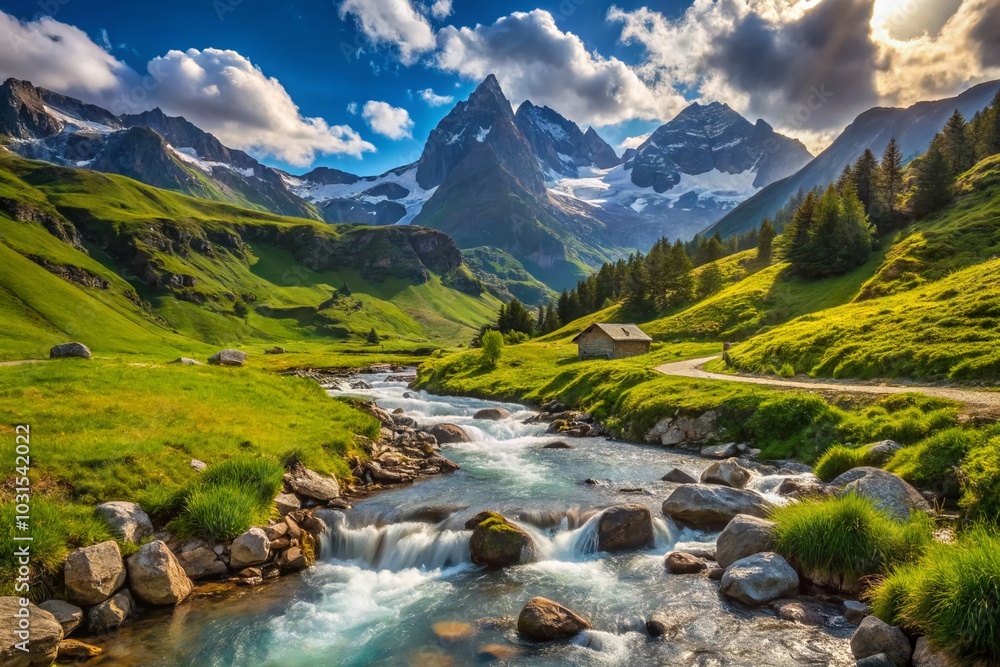 Panoramic View of a Mountain Stream in the Northern French Alps, Petite Sassiere Valley, Savoie, France Panoramic View of a Mountain Stream in the Northern French Alps, Petite Sassiere Valley, Savoie, France