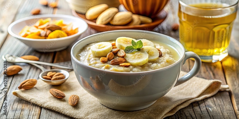 A bowl of creamy porridge topped with banana slices, toasted almonds and a sprig of fresh mint, sitting on a rustic wooden table. A bowl of creamy porridge topped with banana slices, toasted almonds and a sprig of fresh mint, sitting on a rustic wooden table.