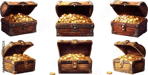 Vector illustration. Image of an open treasure chest with gold coins and gems. on a white background