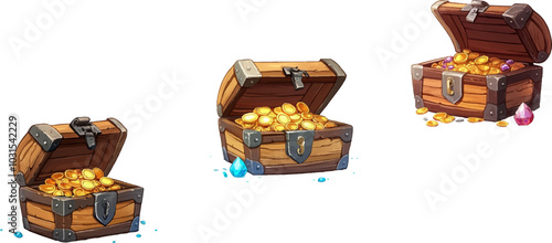 Vector illustration. Image of an open treasure chest with gold coins and gems. on a white background