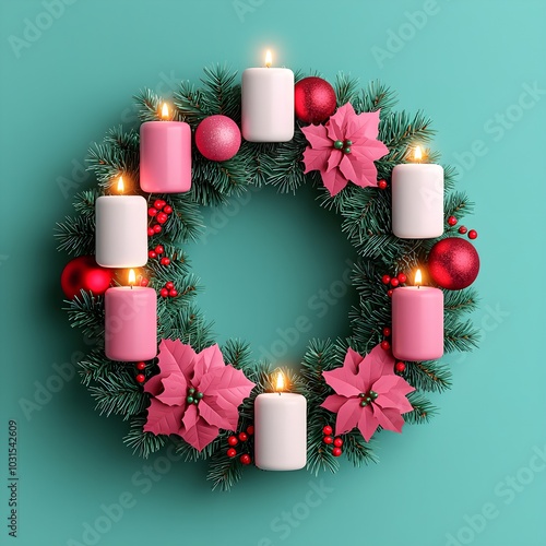 Festive Christmas wreath with candles and poinsettias photo