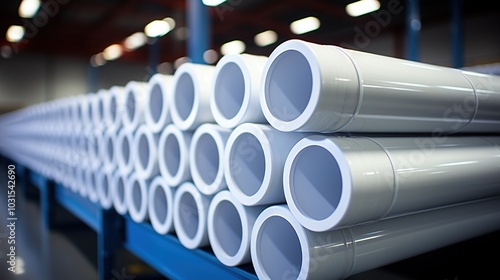 a pile of white pipes inside an industrial warehouse. photo