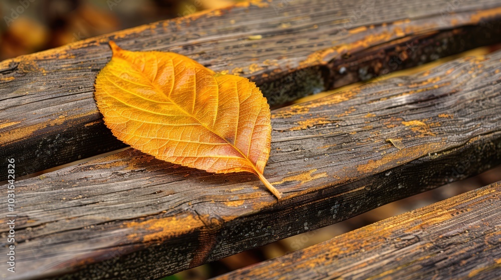 Bright Autumn Leaf on Rustic Wooden Surface Bright Autumn Leaf on Rustic Wooden Surface