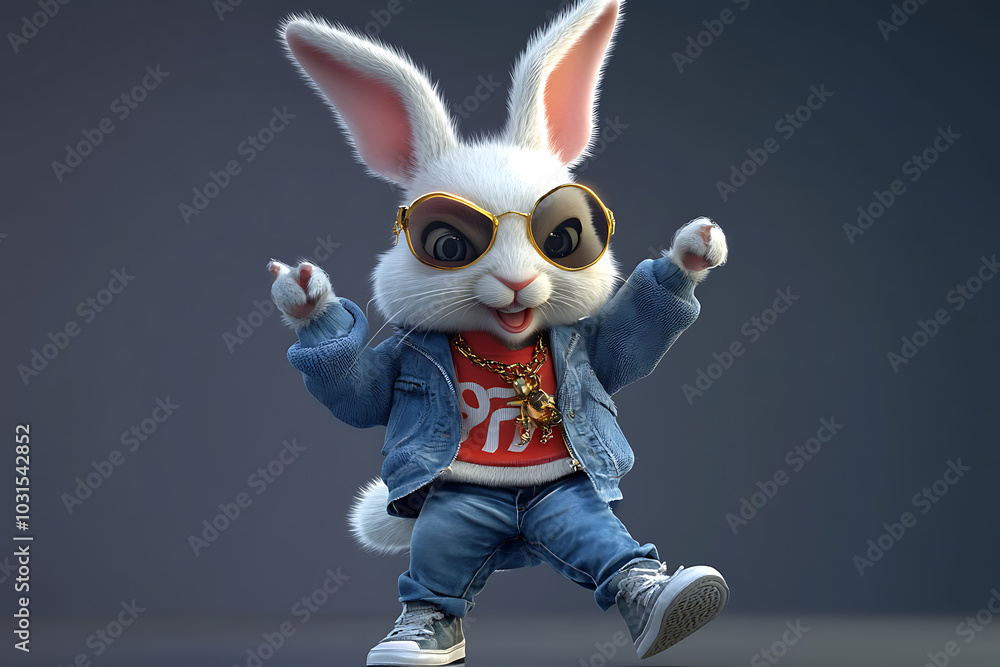A stylish cartoon rabbit wearing sunglasses and denim, dancing playfully. A stylish cartoon rabbit wearing sunglasses and denim, dancing playfully.