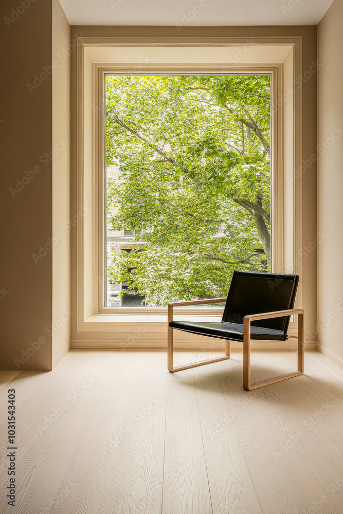 Fototapeta premium A modern chair positioned beside a large window showcasing green trees in a minimalist room