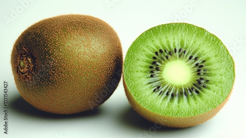 A whole kiwi alongside a halved one, revealing its bright green interior