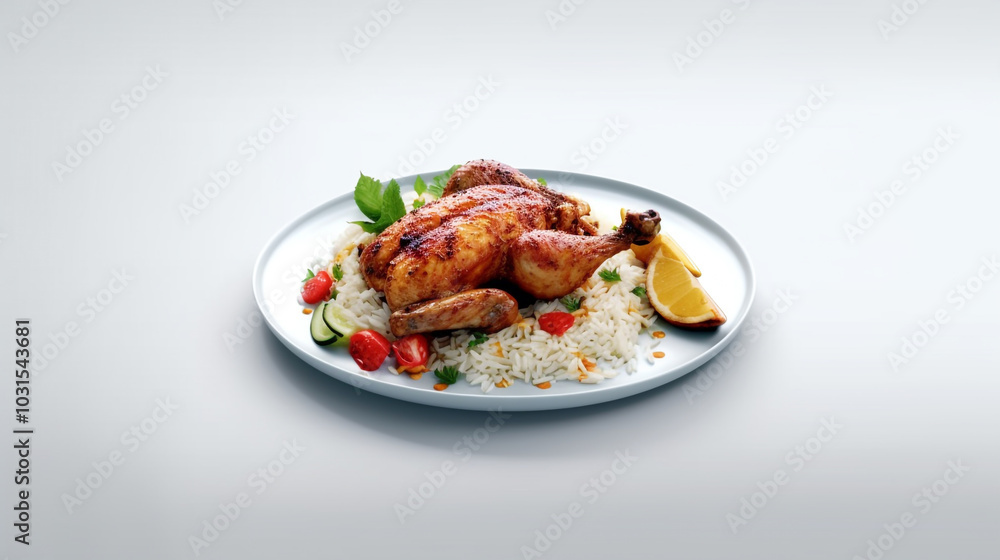 Color photo of a plate of roasted chicken with vegetables, golden brown skin with colorful veggies, served on a white plate, warm indoor light Delicious Roast Chicken with Fresh Garnish
Color photo of a plate of roasted chicken with vegetables, golden brown skin with colorful veggies, served on a white plate, warm indoor light Delicious Roast Chicken with Fresh Garnish