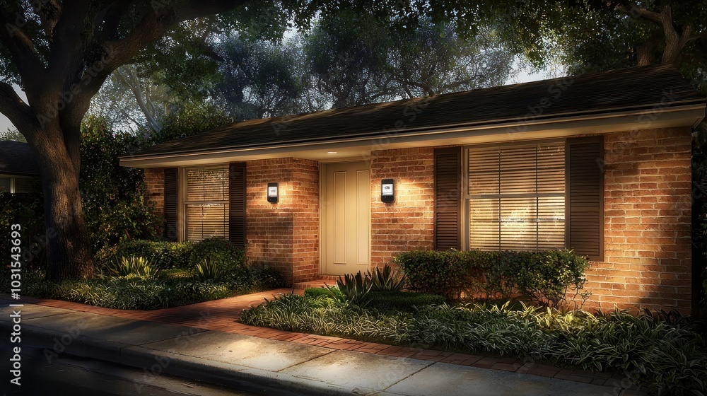 Fototapeta premium A charming suburban house illuminated at night, showcasing warm lights and lush greenery in a peaceful residential area.