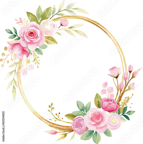 Golden Floral Wreath With Pink Watercolor Roses