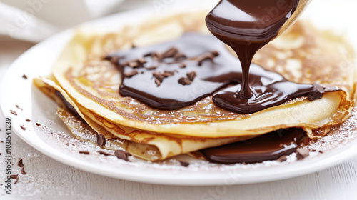 A crepe with brown chocolate liquid on white background photo