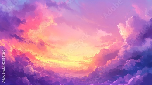 2408 7.A colorful evening sky just after sunset, with vibrant pinks and purples mixed with soft pastel hues. The last traces of sunlight cast a warm, diffused light on the scattered clouds, forming a