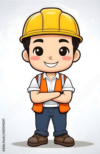 คนงานก่อสร้างการ์ตูนน่ารัก ในท่าทางต่างๆ
