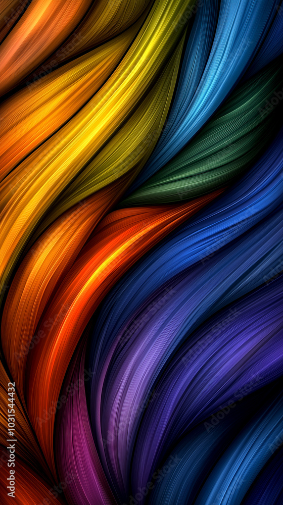 Naklejka premium A colorful, abstract image of a rainbow with a blue stripe. The colors are vibrant and the lines are wavy, giving the impression of movement and energy