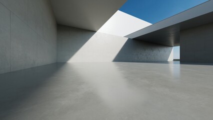 3d render of abstract modern concrete white architecture with empty cement floor, minimal exterior, car presentation background