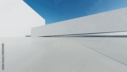 3d render of abstract modern concrete white architecture with empty cement floor, minimal exterior, car presentation background
