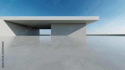 3d render of abstract modern concrete white architecture with empty cement floor, minimal exterior, car presentation background