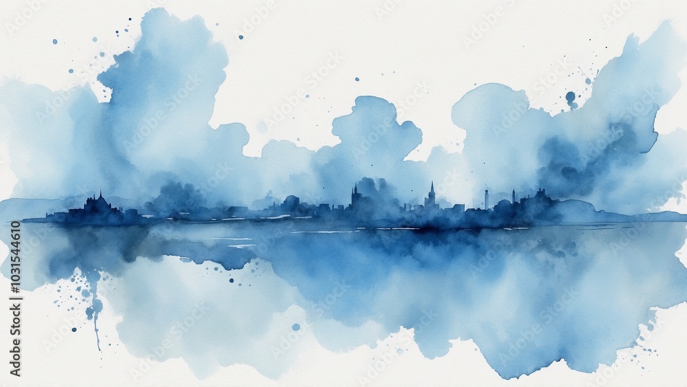 Obraz premium Watercolor skyline in blue tones with abstract clouds