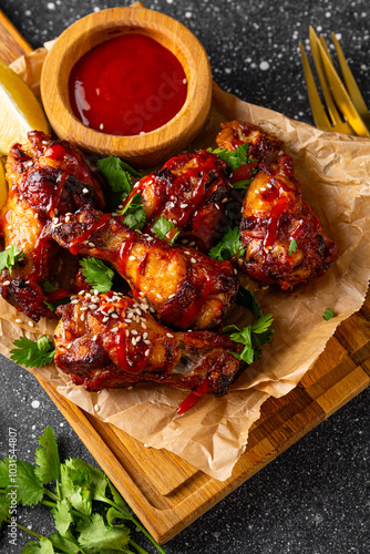 Spicy chicken wings with sriracha sauce and lime on dark background vertical photo