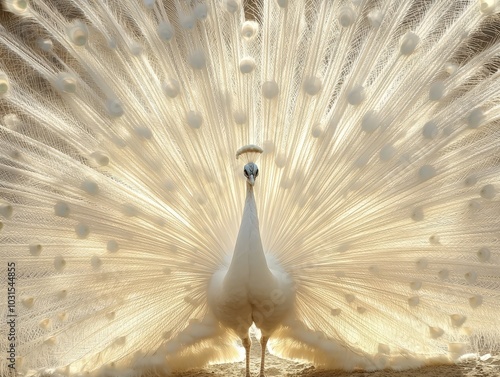 An albino peacock spreading its pure white feathers in a dazzling display