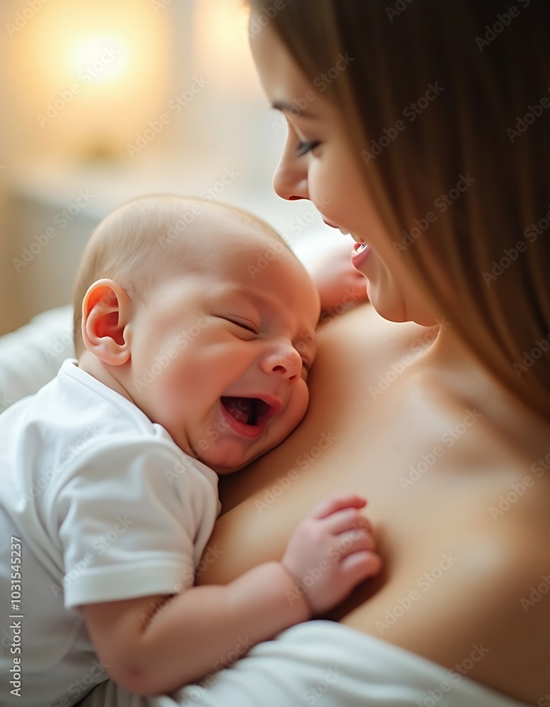 Portrait of a smiling mother and her sleepy baby Portrait of a smiling mother and her sleepy baby