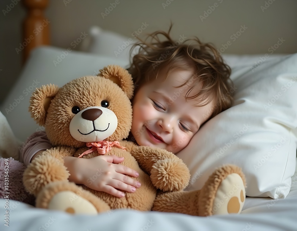 Portrait of smiling sleepy baby holding a teddy bear in bed Portrait of smiling sleepy baby holding a teddy bear in bed