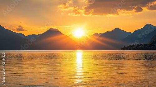 Serene Sunset Over Mountains and Lake