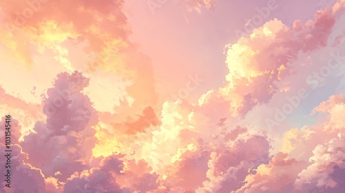 2408 28.A beautiful sunrise sky filled with soft, pink-tinged clouds and warm yellow sunlight. The scene captures the quiet serenity of the morning, with the delicate colors blending to create a