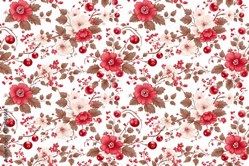 A floral pattern with red flowers and cherries. The flowers are in various sizes and are scattered throughout the pattern. The cherries are also in different sizes photo