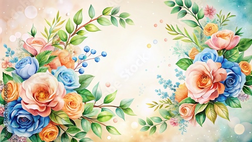 Peach Roses and Blue Flowers Watercolor Wreath for Wedding or Greeting Card Design