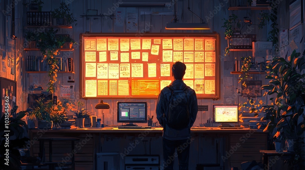 A contemplative figure studies a wall of notes in a warmly lit workspace filled with greenery during the evening hours A contemplative figure studies a wall of notes in a warmly lit workspace filled with greenery during the evening hours