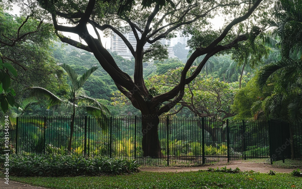 Fototapeta premium An endangered tree species surrounded by a fence in a botanical garden, protected from human harm