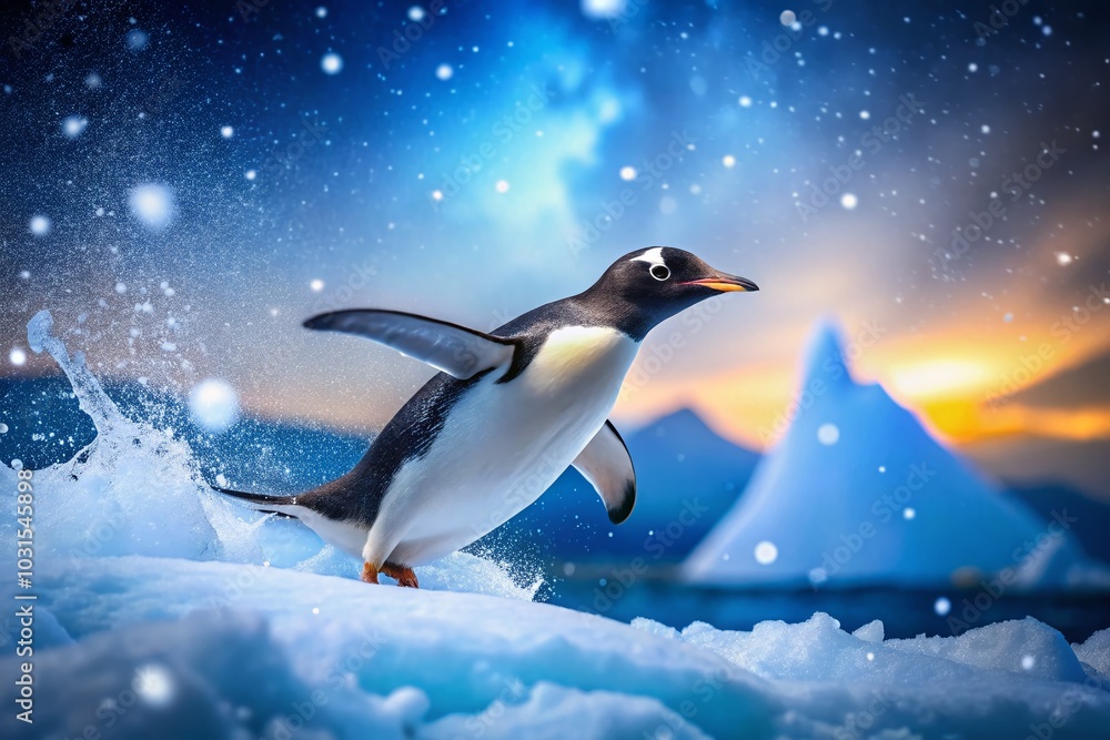 Obraz premium Penguin Sliding Down Snow Hill in a Winter Wonderland - High Depth of Field Photography