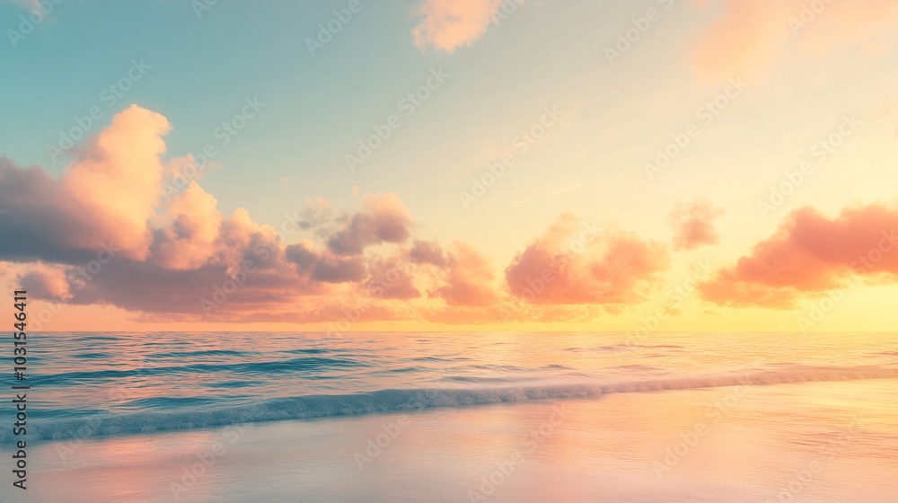 Naklejka premium 2408 44.A stunning sunrise over the sea, with soft clouds in shades of orange, yellow, and pink, lighting up the sky. The horizon glows with the warm light of morning, casting a tranquil and peaceful