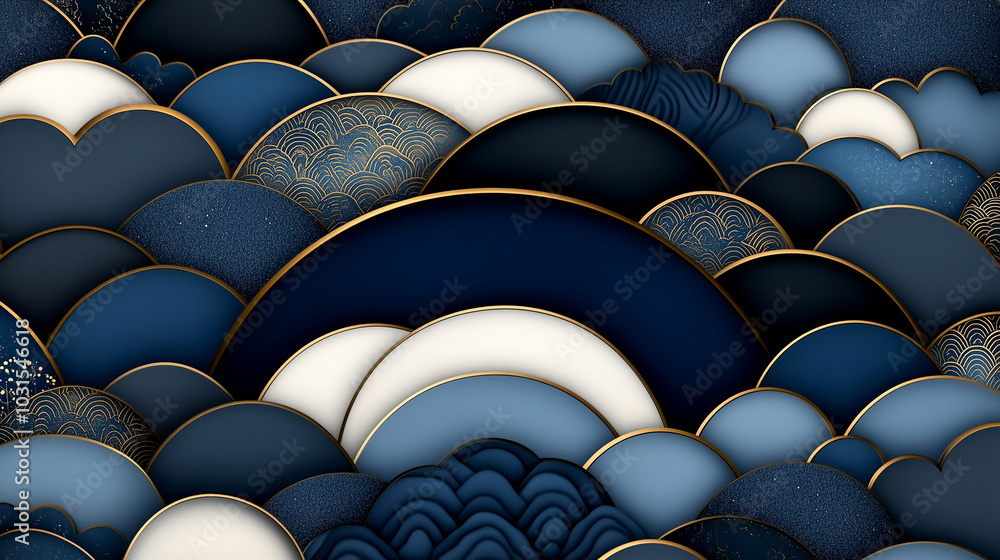 Fototapeta premium A blue and white abstract painting with gold accents. The painting is of a sky with clouds and the clouds are made of paper