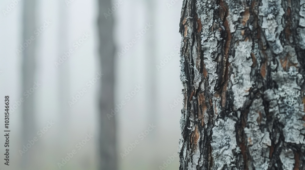 Fototapeta premium Misty Forest Scene with Textured Tree Bark