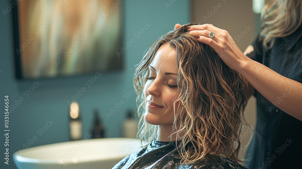 Fototapeta premium Client Receiving Deep Conditioning Treatment from Stylist..