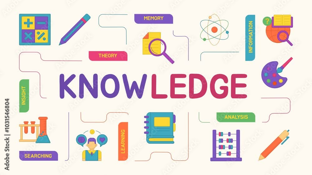 Knowledge word concept animation. Learning, insight, theory . School education. Animated banner with colorful icons. Knowledge word concept animation. Learning, insight, theory . School education. Animated banner with colorful icons.