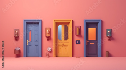A blue door with a white trim sits in front of a wall  A Series of White Doors on a Colored Wall with a Reflective Floor in the Foreground Representing Choice and Future Opportunity

