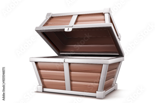 Empty treasure chest isolated on white background. Vector realistic illustration of open wooden and iron crate with unlocked trunk, pirate game asset, antique wealth container for money and gemstones