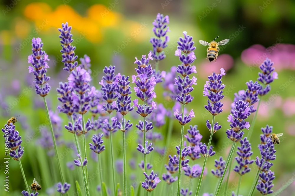 Fototapeta premium Lavender plants growing in a garden, with bees buzzing around the fragrant blooms