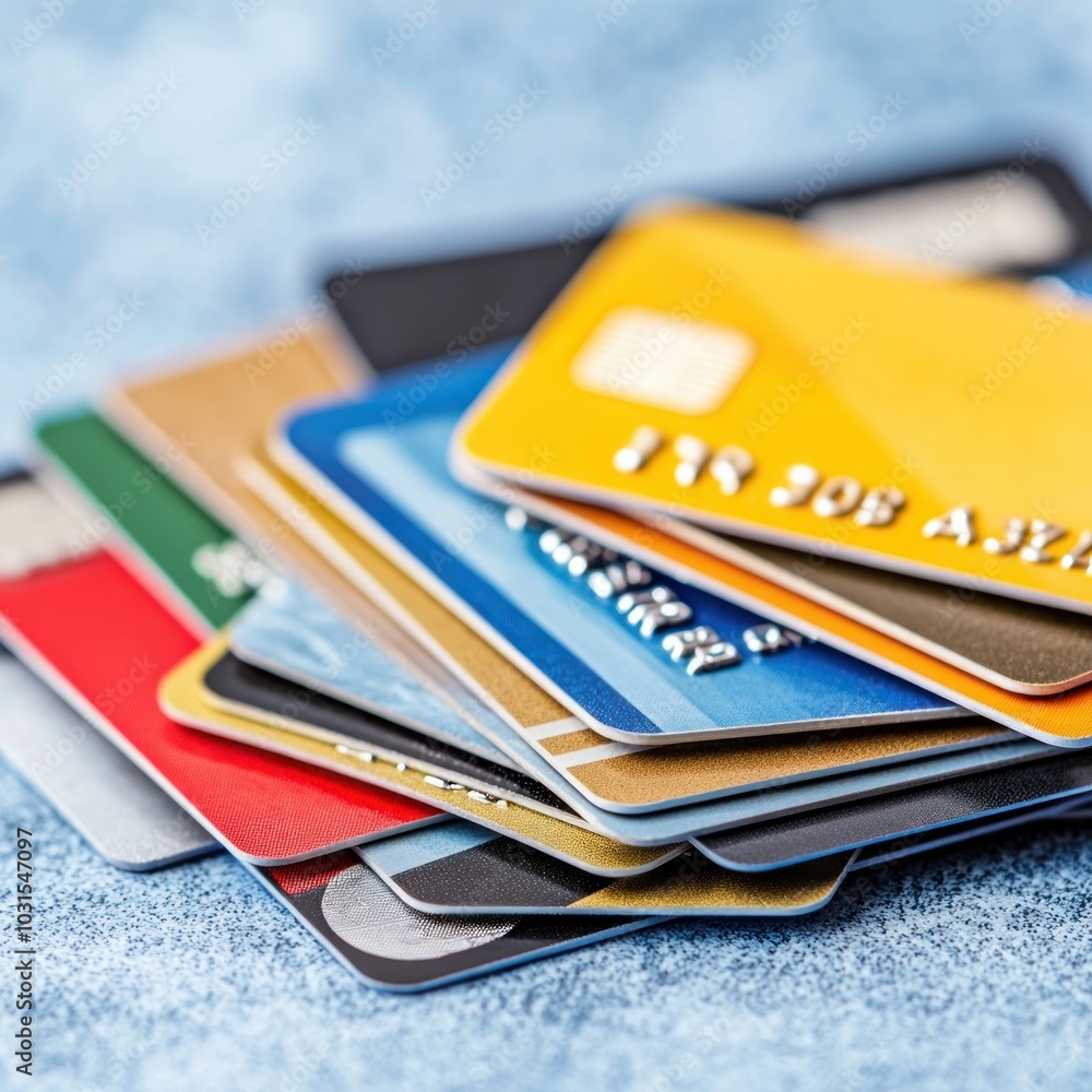 A collection of colorful credit cards stacked on a blue surface, showcasing different designs and payment options. A collection of colorful credit cards stacked on a blue surface, showcasing different designs and payment options.