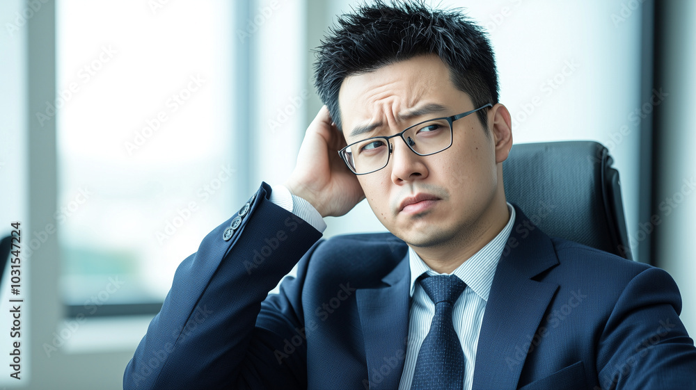 Close-Up of Chinese Executive in Office Chair, Showing Signs of Stress.. Close-Up of Chinese Executive in Office Chair, Showing Signs of Stress..