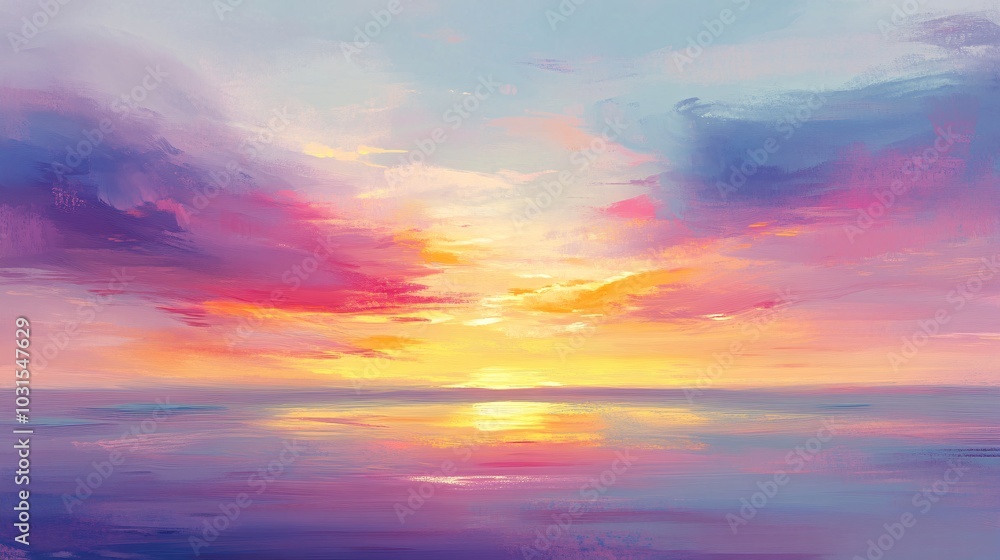 Obraz premium 2408 62.A vibrant sunset twilight scene with an abstract nature background. The sky is painted in soft pastel tones of pink, purple, and yellow, with the clouds glowing in the fading sunlight. The