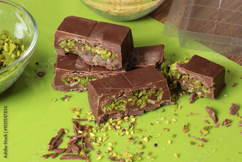 Photography Dubai chocolate with pistachio paste and kataifi dough