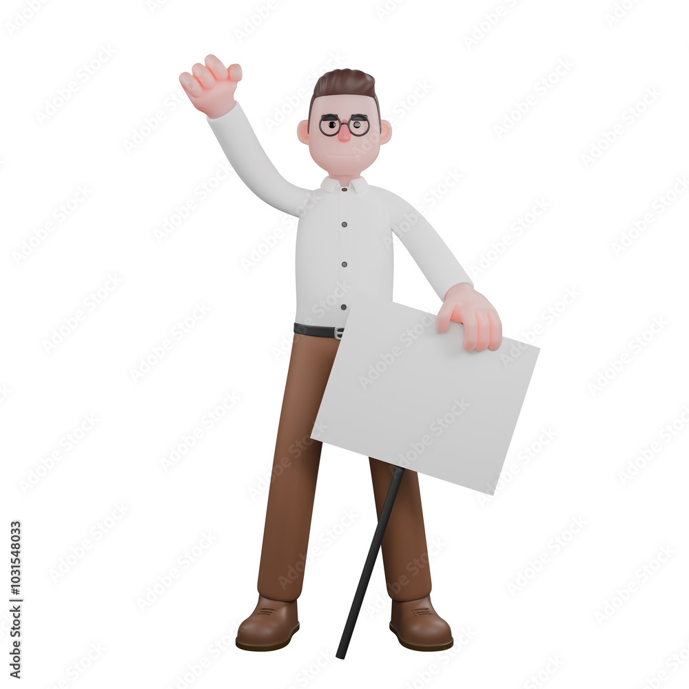 Male Sociologist Professional Character. A male sociologist stands behind a white board while clenching his left fist upwards and his right hand is on the white board. 3D Illustration Male Sociologist Professional Character. A male sociologist stands behind a white board while clenching his left fist upwards and his right hand is on the white board. 3D Illustration