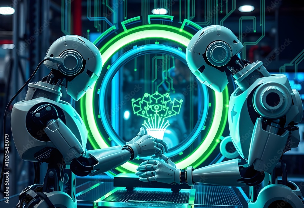 Fototapeta premium Two Robots technology cybernetic machine automation science fiction innovation