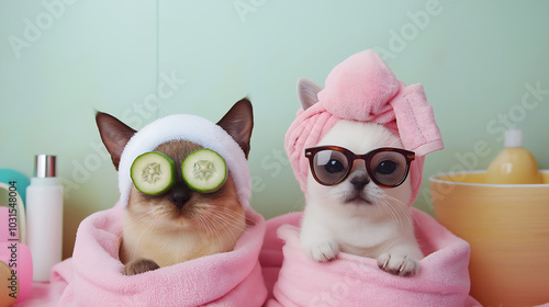 Two cats in a grooming salon, wrapped in pink towels for a spa day—one with cucumber slices on its eyes, the other in sunglasses and a pink head wrap, surrounded by spa essentials against